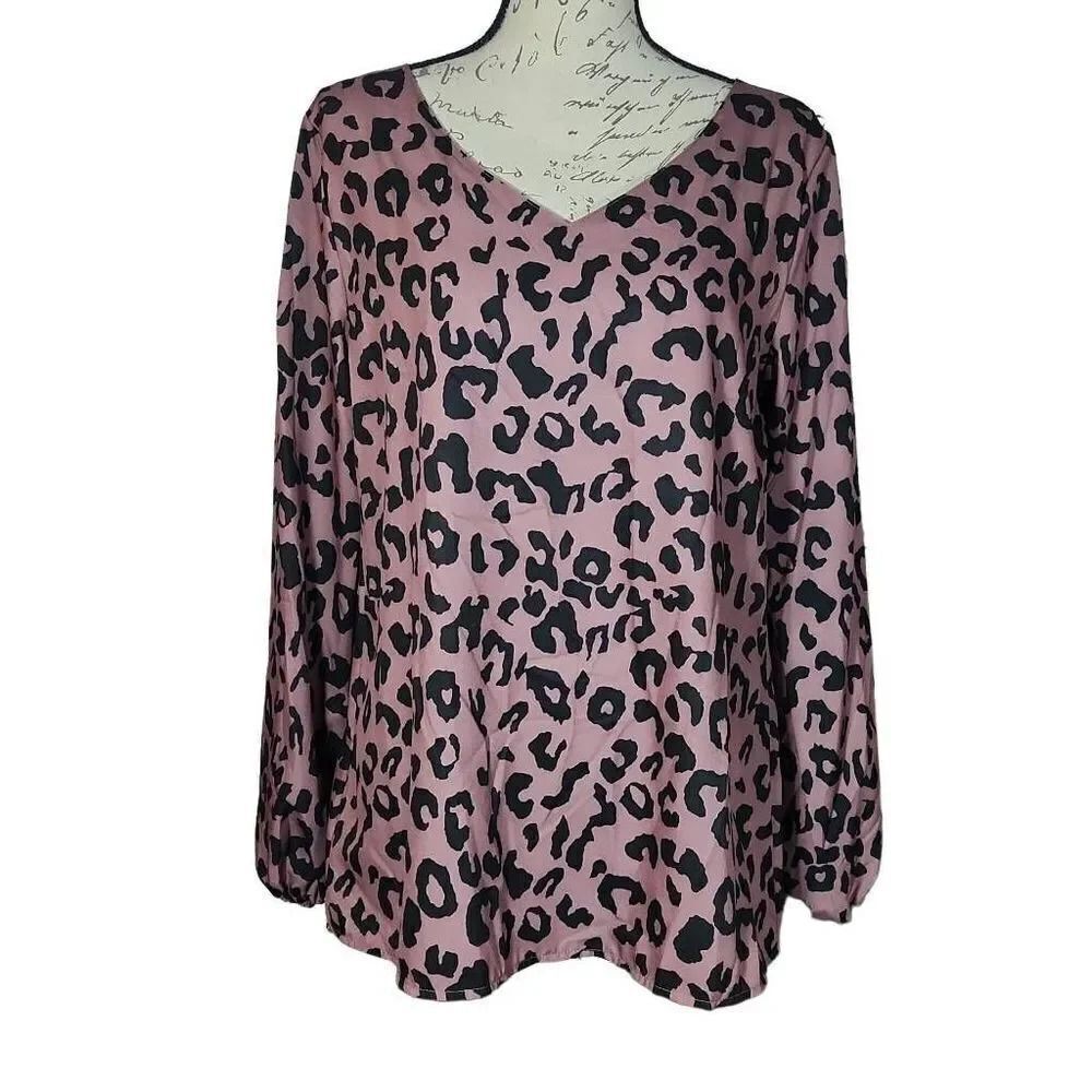 Coeur de Vague Women's Size Large Mauve Black Leopard V-Neck Long Sleeve Blouse